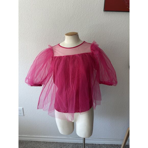Anthropologie Sheer Puff Magenta Sleeve Top - Picture 1 of 5